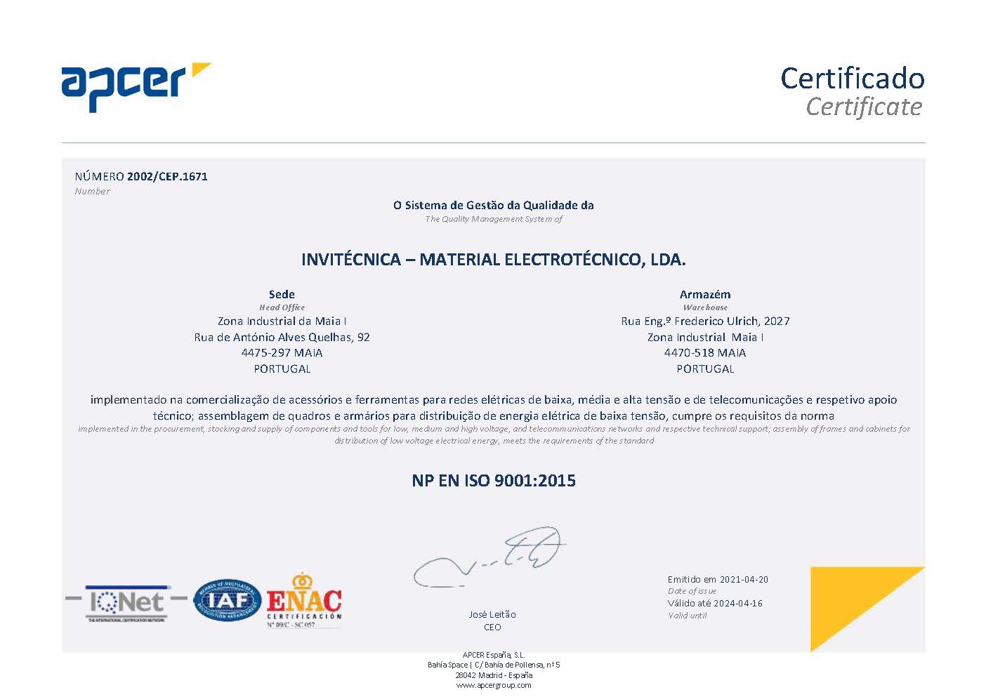 CERTIFICADO DE GESTÃO DO SISTEMA DE QUALIDADE - APCER - ISO 9001-2015