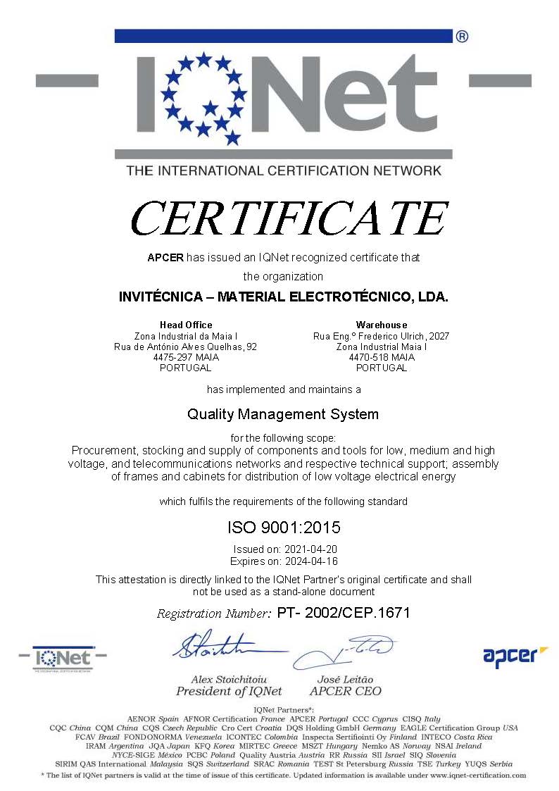 CERTIFICADO DE GESTÃO DO SISTEMA DE QUALIDADE - IQNET - ISO 9001-2015
