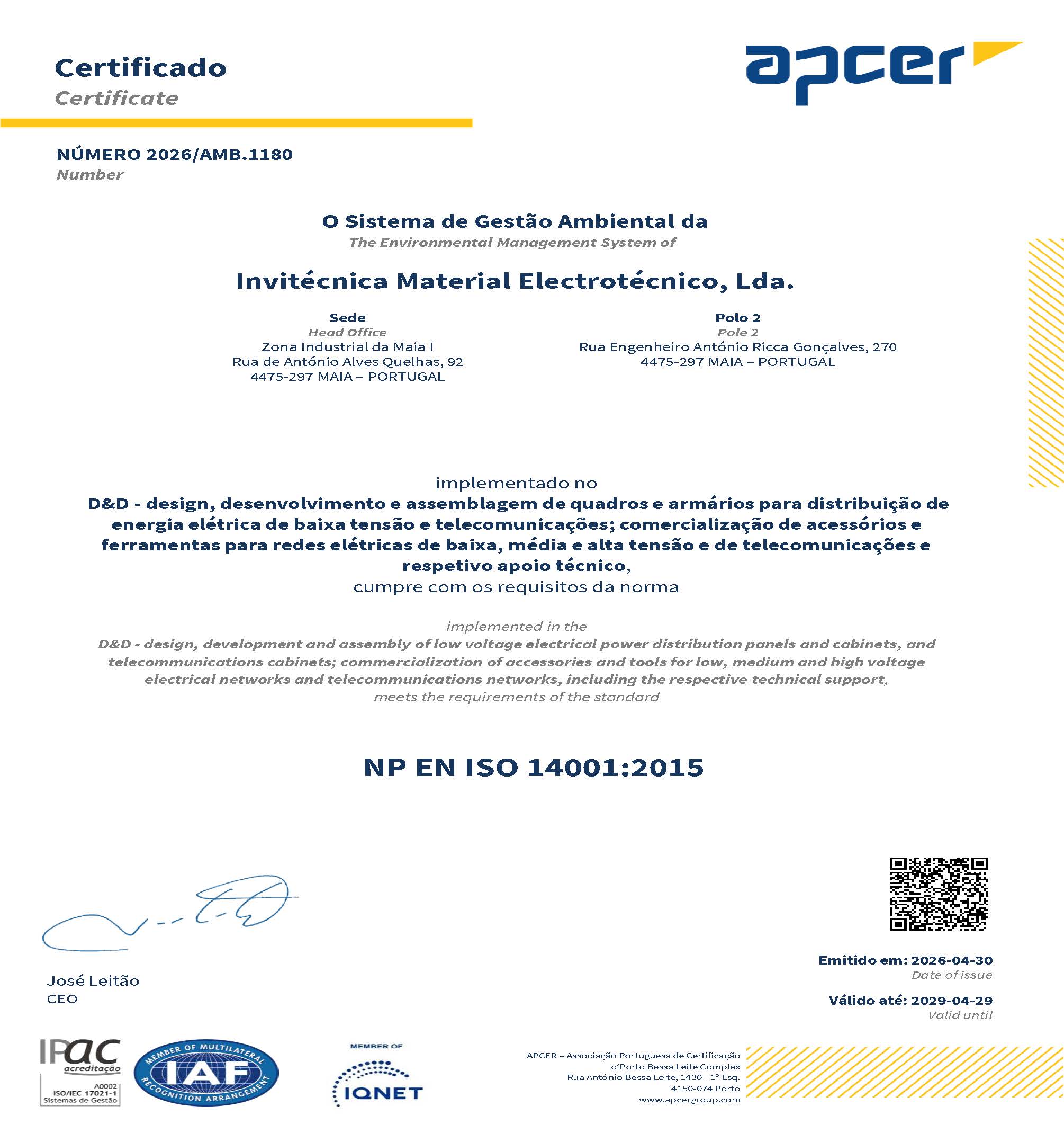Sistema de Gestão Ambiental - APCER - ISO 14001:2015
